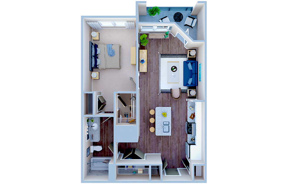 A1.1 - 1 bedroom floorplan layout with 1 bath and 729 square feet. (3D)
