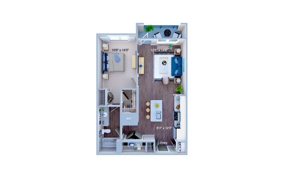 A1.5 - 1 bedroom floorplan layout with 1 bath and 729 square feet. (3D)