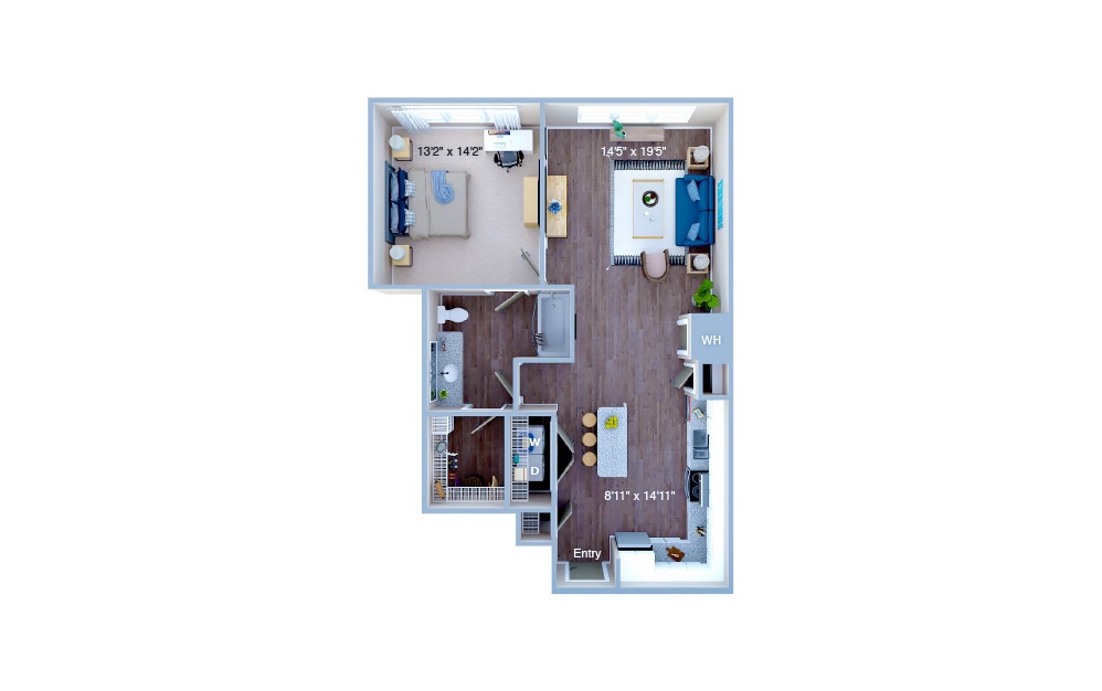 A2.2 - 1 bedroom floorplan layout with 1 bath and 874 square feet. (3D)