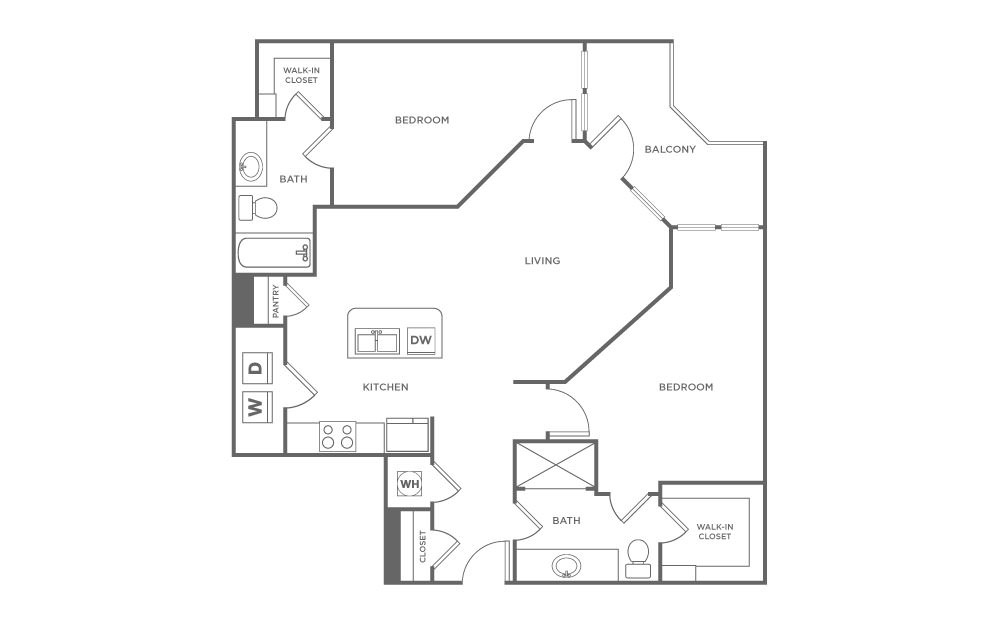 B2.1 - 2 bedroom floorplan layout with 2 baths and 1123 square feet. (2D)