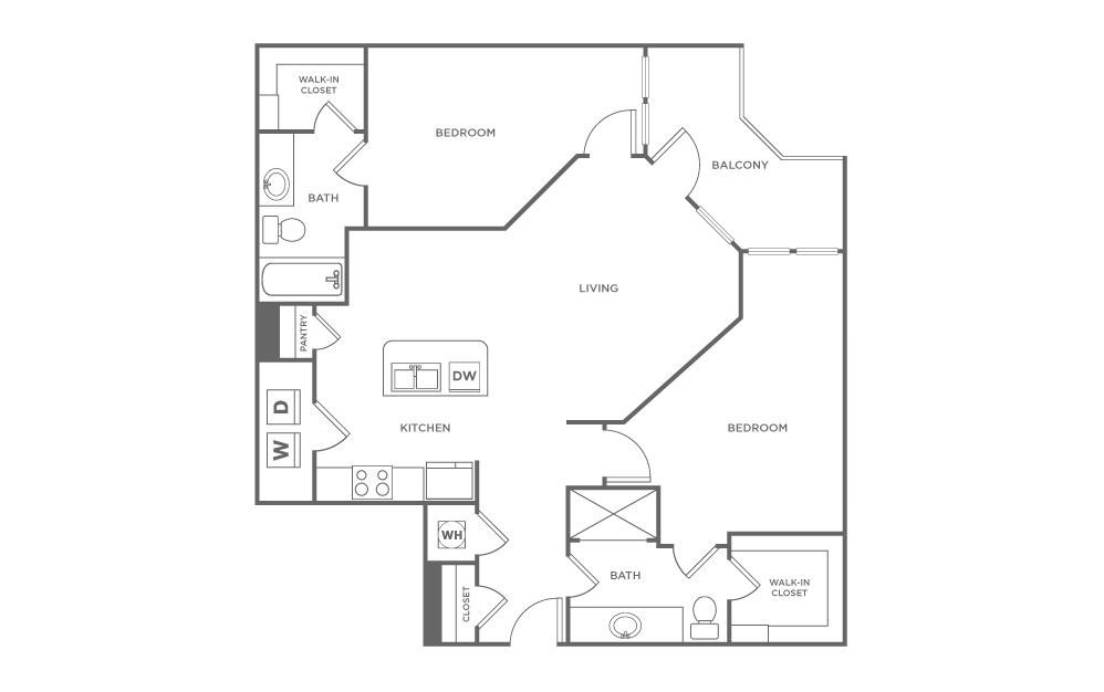 B2 - 2 bedroom floorplan layout with 2 baths and 1130 square feet. (2D)