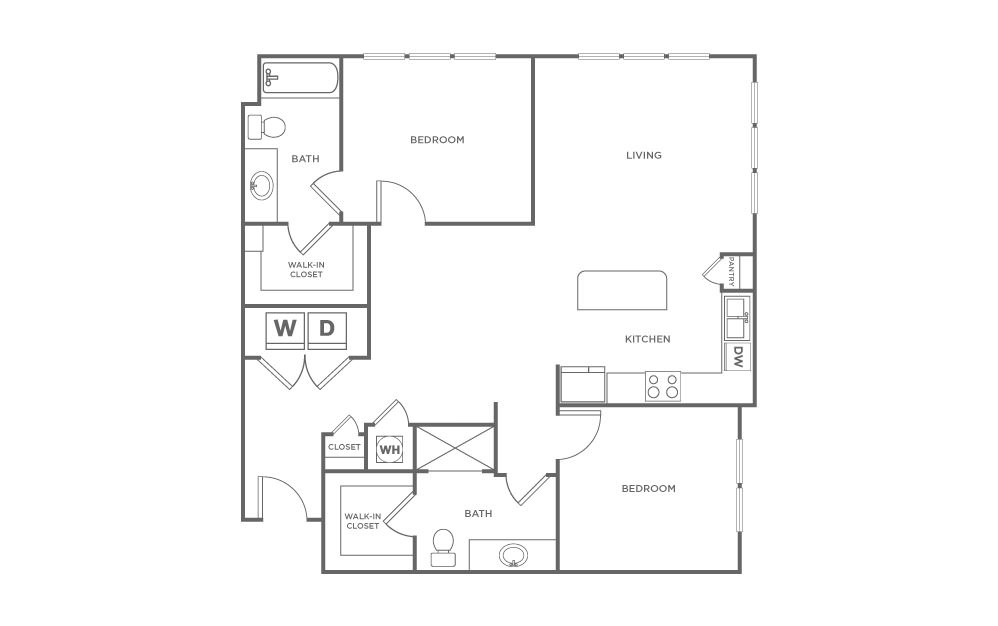 B4 - 2 bedroom floorplan layout with 2 baths and 1222 square feet. (2D)