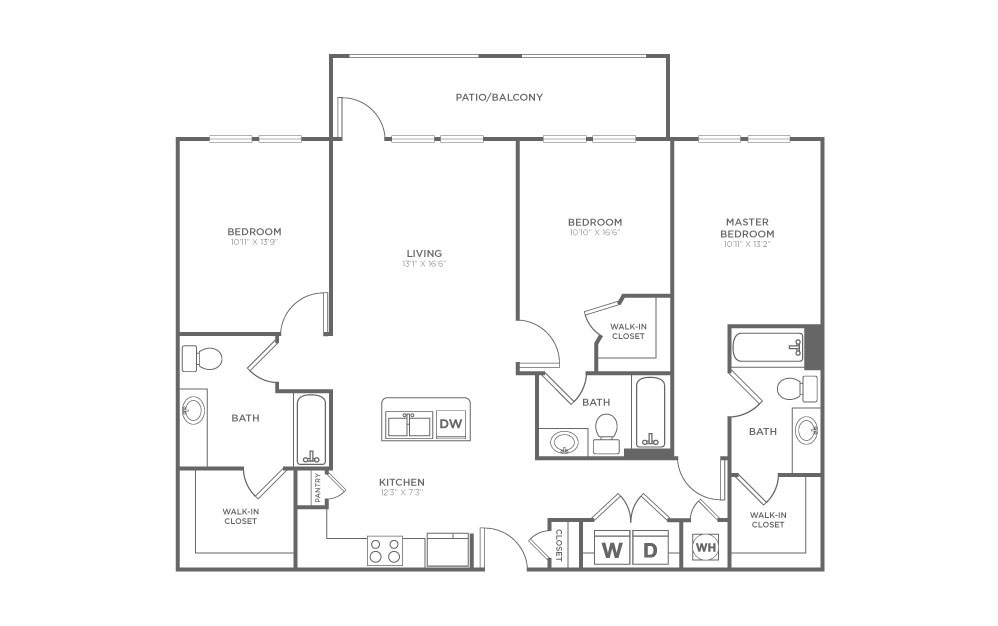 C1.1 HC - 3 bedroom floorplan layout with 3 baths and 1395 square feet. (2D)