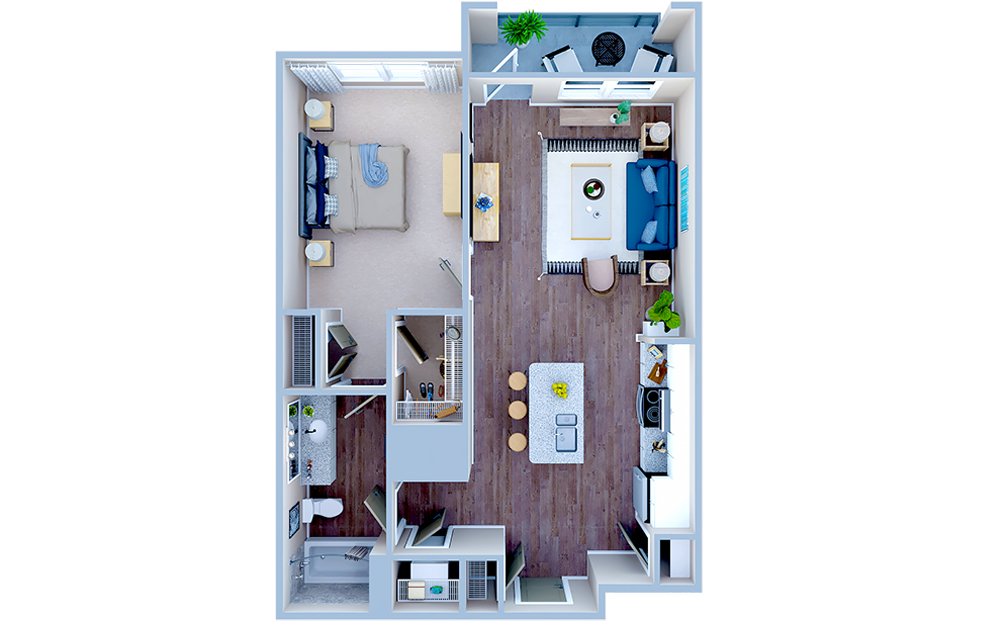 A1.3 - 1 bedroom floorplan layout with 1 bath and 736 square feet. (3D)