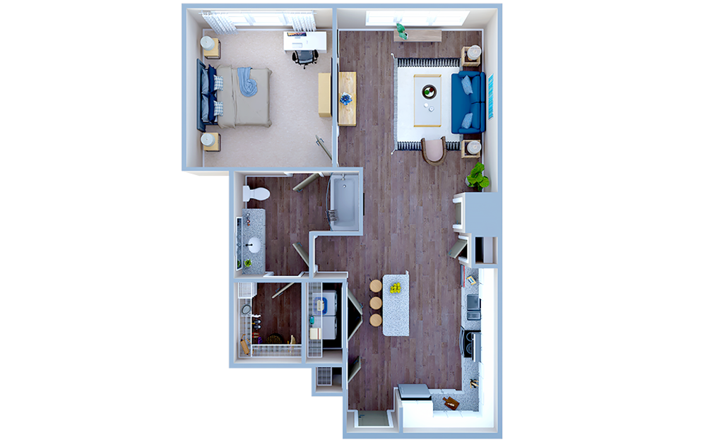 A2.1 - 1 bedroom floorplan layout with 1 bath and 763 square feet. (3D)