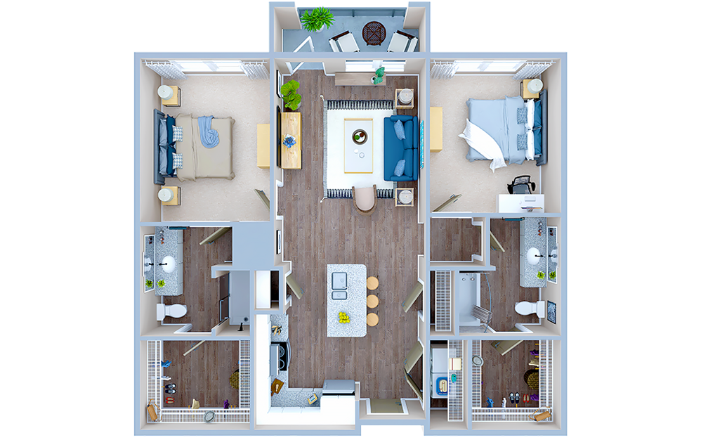 B1 - 2 bedroom floorplan layout with 2 baths and 1019 square feet. (3D)