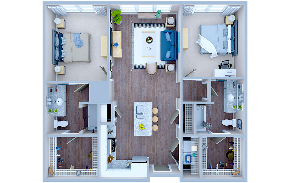 B1.1 - 2 bedroom floorplan layout with 2 baths and 1020 square feet. (3D)