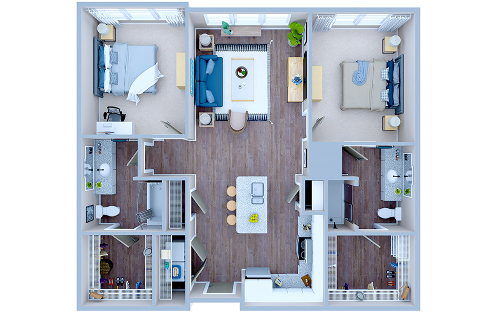B1.2 - 2 bedroom floorplan layout with 2 baths and 1013 square feet. (3D)