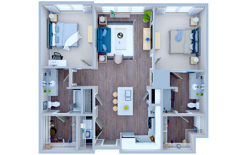 B1.4 - 2 bedroom floorplan layout with 2 baths and 1005 square feet. (3D)