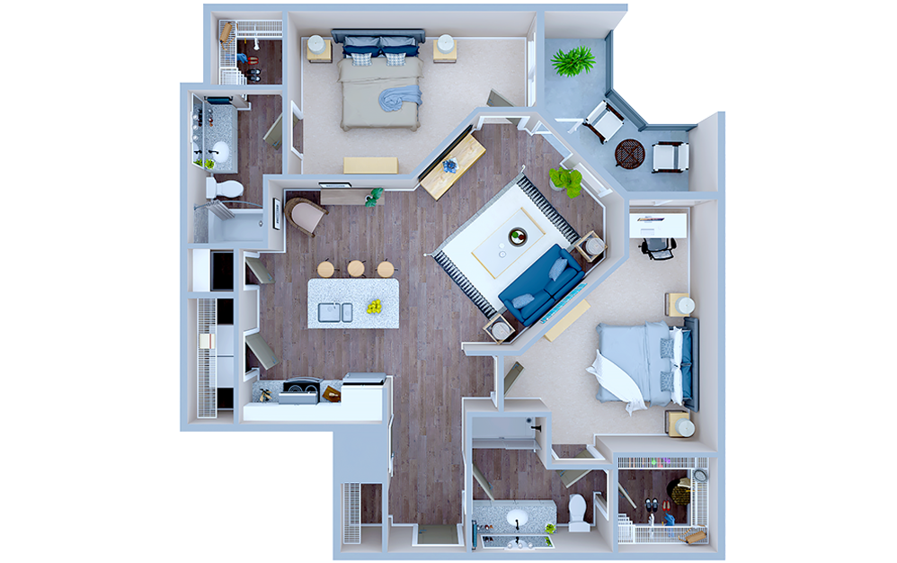 B2 - 2 bedroom floorplan layout with 2 baths and 1130 square feet. (3D)