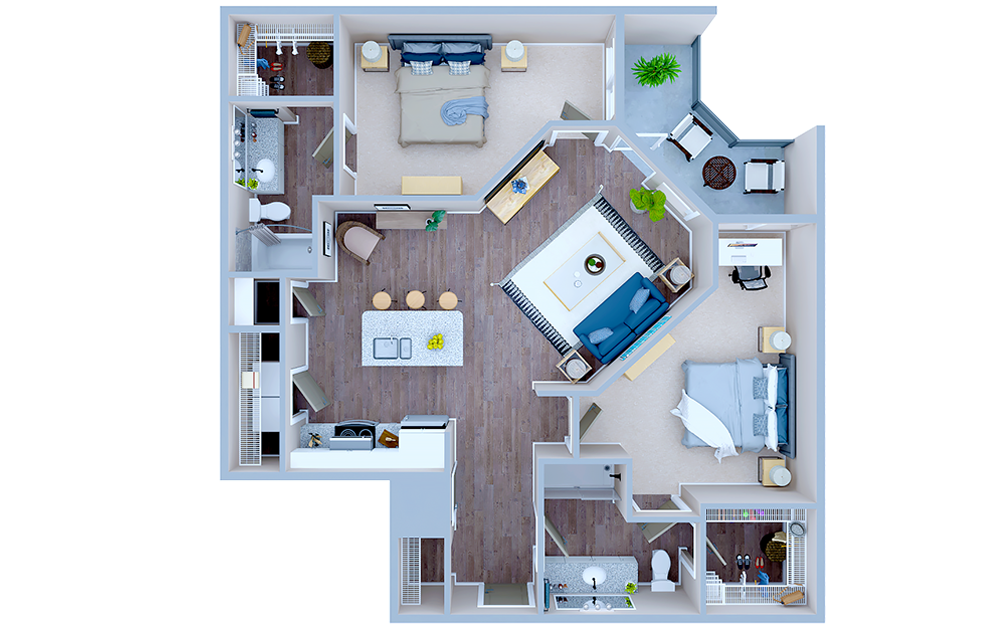 B2.1 - 2 bedroom floorplan layout with 2 baths and 1123 square feet. (3D)