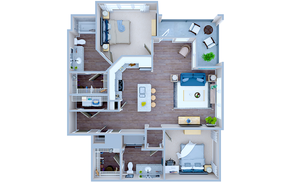 B5 - 2 bedroom floorplan layout with 2 baths and 1144 square feet. (3D)
