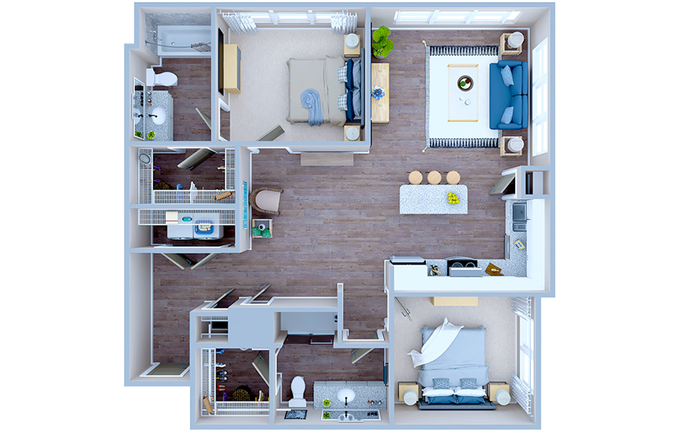 B4 - 2 bedroom floorplan layout with 2 baths and 1222 square feet. (3D)
