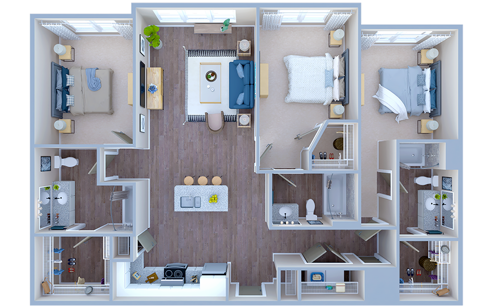 C1 - 3 bedroom floorplan layout with 3 baths and 1437 square feet. (3D)