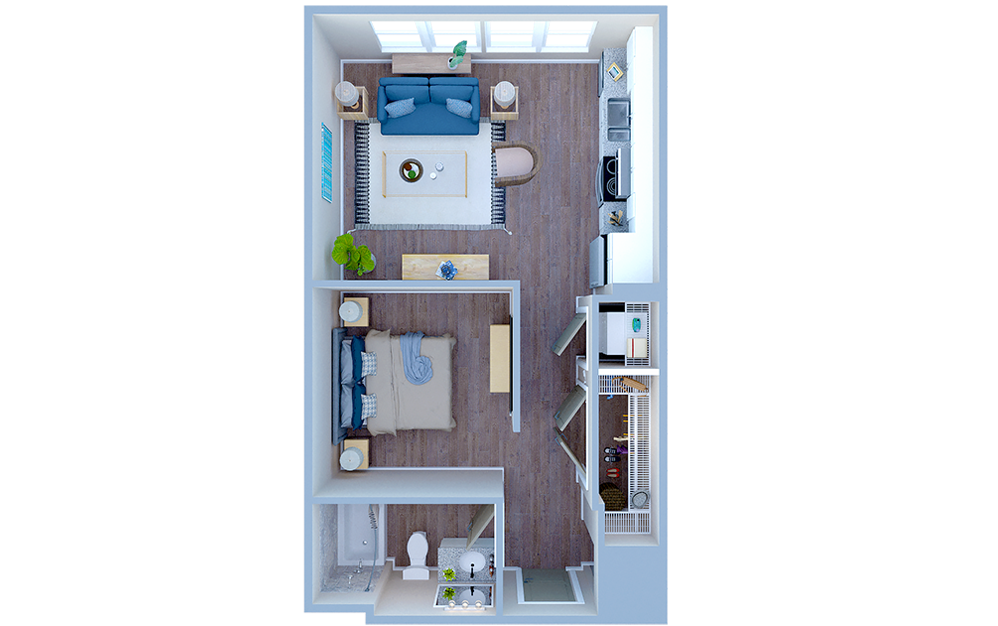 S1.2 - Studio floorplan layout with 1 bath and 518 square feet. (3D)