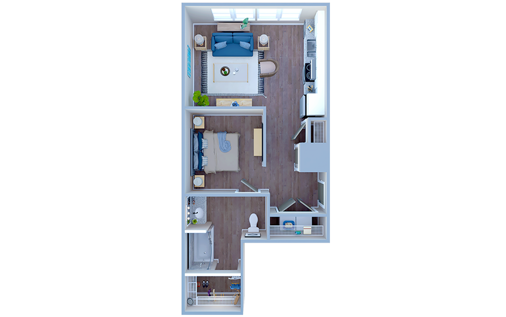 S2 - Studio floorplan layout with 1 bath and 593 square feet. (3D)