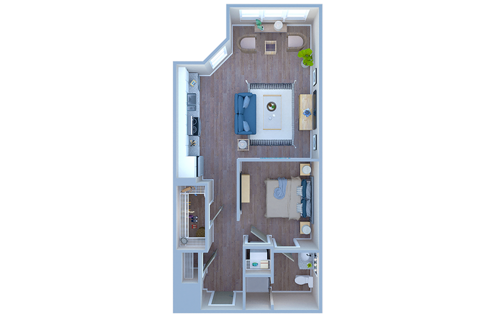 S3 - Studio floorplan layout with 1 bath and 632 square feet. (3D)