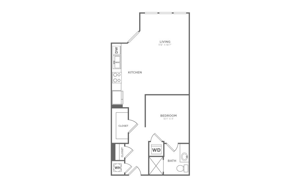 S3 - Studio floorplan layout with 1 bath and 632 square feet. (2D)